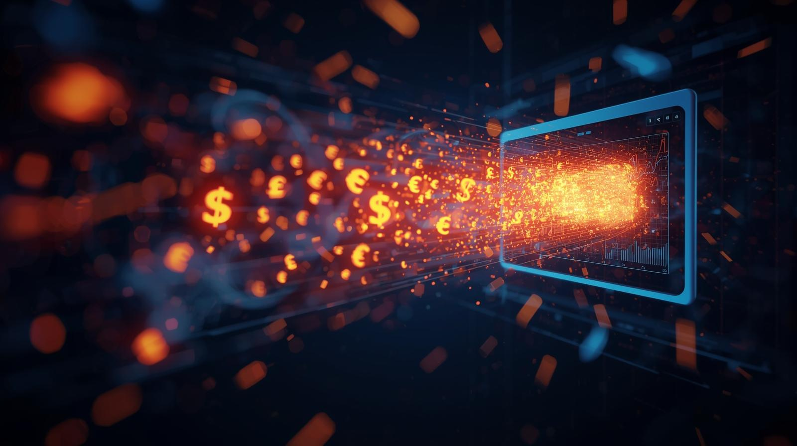 orange and blue symbols of money flowing out of a computer screen and website, on a dark background