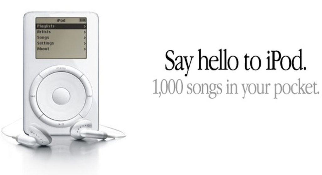 Benefits driven copy from Apple. The original ad for the iPod "Say hello to iPod. 1,000 songs in your pocket"