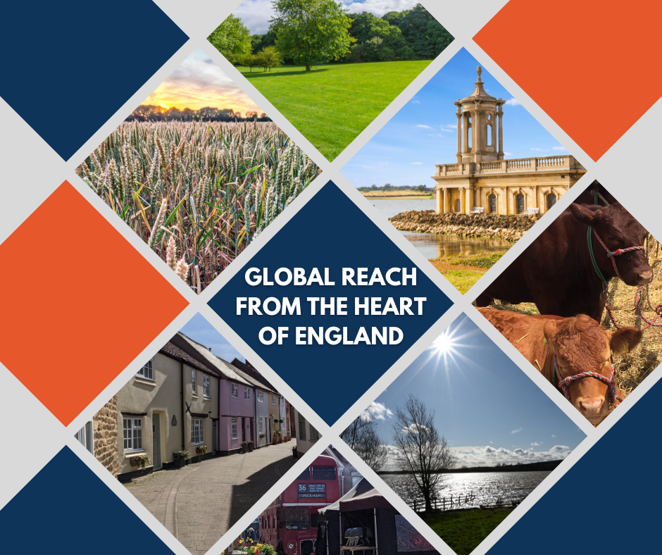 Global marketing reach from the heart of England. Diamond pattern graphics with photo snapshots of rural Rutland, where Aitkens Media is based.