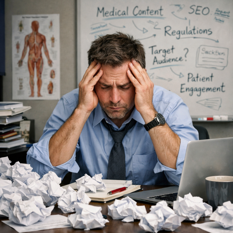 Marketing Director of a healthcare company finding it difficult to write good copy. A man seated at a desk, he's rubbing his temples. In front of him are screwed up pieces of paper, failed attempts at writing healthcare copy. In the background there's a whiteboard with words 'medical content' 'seo' 'regulations' 'target audience' 'patient engagement' written with a whiteboard marker.